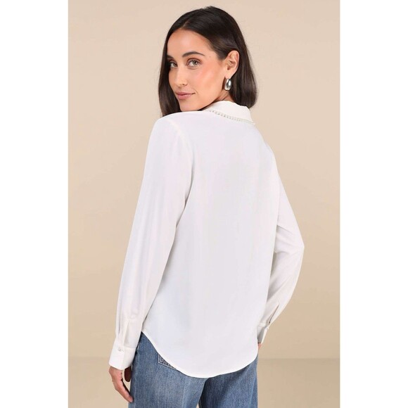 Lulu’s Upscale Composure Blouse Women's S White Pearl Trim Long Sleeve NWT - Picture 3 of 13